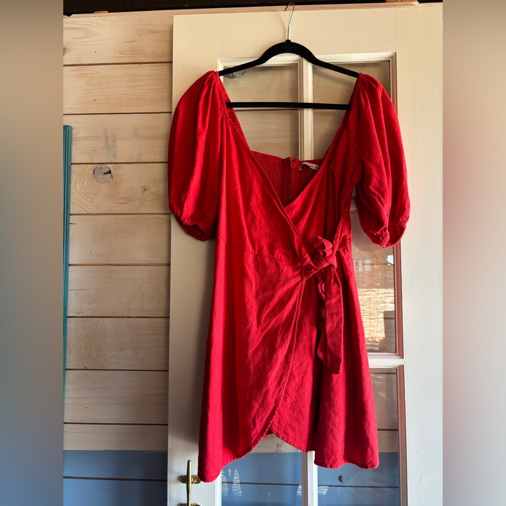 Abercrombie & Fitch Red Puff Sleeve Wrap Mini Dress